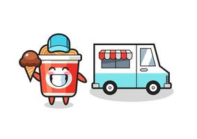 Mascota de dibujos animados de fideos instantáneos con camión de helados vector