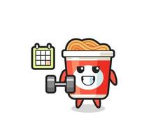 instant noodle mascot cartoon doing fitness with dumbbell vector