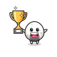 Cartoon Illustration of onigiri is happy holding up the golden trophy vector