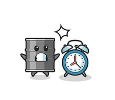 Cartoon Illustration of oil drum is surprised with a giant alarm clock vector