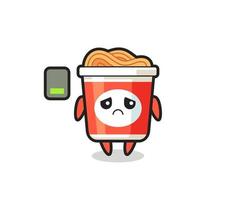 instant noodle mascot character doing a tired gesture vector