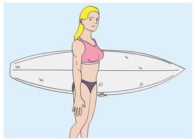 chica de pie con una tabla de surf. vector