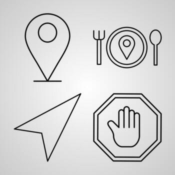 Los iconos de línea de navegación y mapas establecen símbolos de esquema navegación y mapas vector