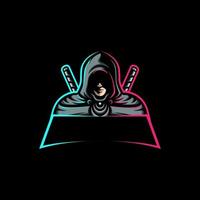 Impresionante ninja asesino con logotipo de mascota de vector de espada