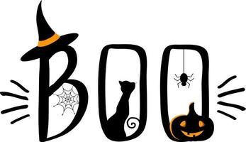 Halloween lettering Boo with black cat and magic hat. vector