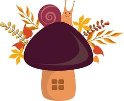 Vector illustration of a snail on a mushroom with autumn leaves