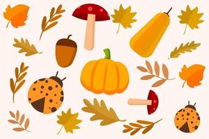 autumn pattern with fruit and leaves autumn, mushrooms and beetle vector