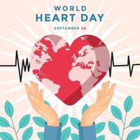 ilustración del día mundial del corazón con mano y corazón en forma de mundo