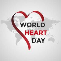 día mundial del corazón con corazón en forma de cinta en el fondo del mapa mundial vector