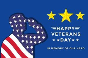 vector veterans day with american flag in silhouette soldier saluting, and with golden stars