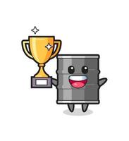 Cartoon Illustration of oil drum is happy holding up the golden trophy vector