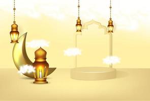 Ramadan kareem background with 3d luxury podium and lanters vector