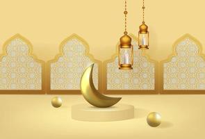 Ramadan kareem background with 3d luxury podium and lanters vector