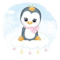 Cute little penguin sitting on the cloud vector