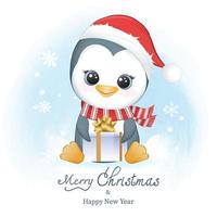 Cute penguin and gift box in winter, Christmas illustration. vector