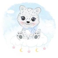 pequeño y lindo leopardo de las nieves sentado en la nube vector