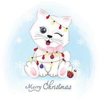 lindo gato y decoración navideña de bulbo. feliz navidad ilustración. vector