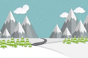 Merry Christmas greeting card with landscape in flat modern style vector