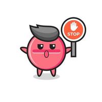 medicine tablet character illustration holding a stop sign vector