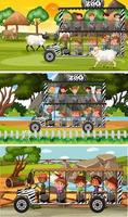 Set of different safari horizontal scenes with animals and kids cartoon character vector