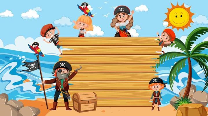Empty wooden board with many pirate kids cartoon character at the beach