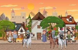 Medieval town at sunset time scene with villagers vector