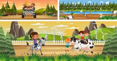 Set of different outdoor landscape scenes with cartoon character vector