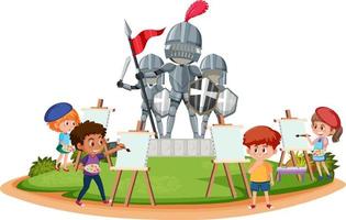 Kids drawing knight statue at the park vector