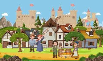 Medieval town scene with villagers vector