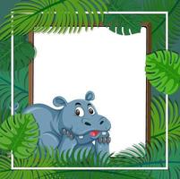 Empty banner with tropical leaves frame and hippopotamus cartoon character vector