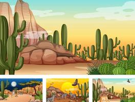 Different scenes with desert forest landscape with animals and plants vector