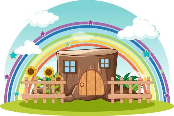 Fantasy log house with rainbow in the sky