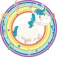 Unicorn in rainbow round frame with melody symbol vector