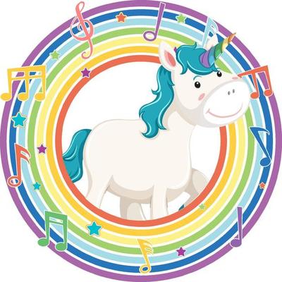 Unicorn in rainbow round frame with melody symbol