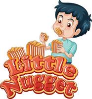 Little Nugget logo text design with a boy eating chicken nuggets vector