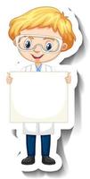 Cartoon character sticker with a boy in science gown holding empty banner vector