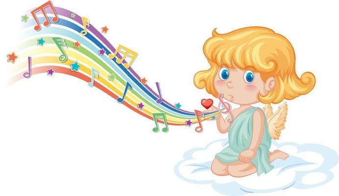 Cupid girl on the cloud with melody symbols on rainbow