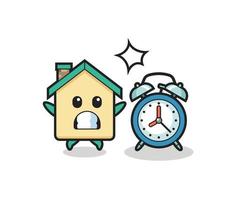 Cartoon Illustration of house is surprised with a giant alarm clock vector