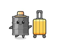 oil drum cartoon illustration with luggage on vacation vector