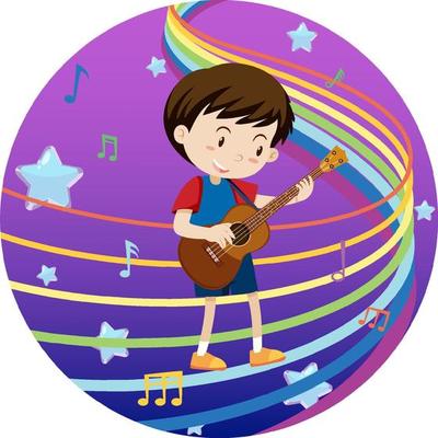 Happy boy playing guitar with rainbow melody on blue and purple gradient background