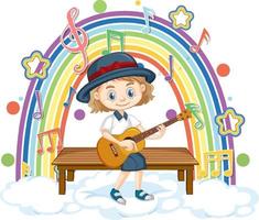 Girl playing guitar on the cloud with rainbow vector