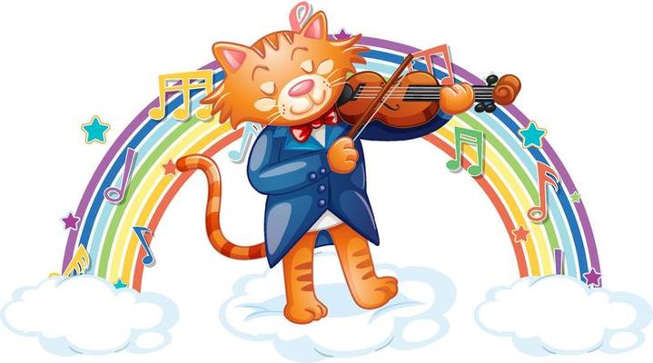 Cat playing violin with melody symbols on rainbow