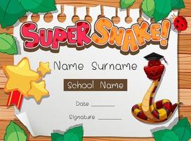Diploma or certificate template for school kids with super snake cartoon character vector