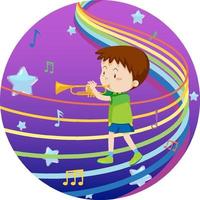 Happy boy playing trumpet with rainbow melody on blue and purple gradient background vector