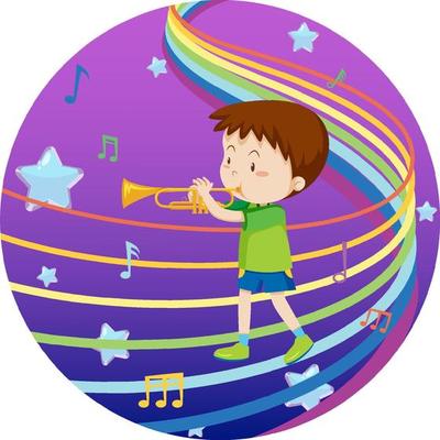 Happy boy playing trumpet with rainbow melody on blue and purple gradient background