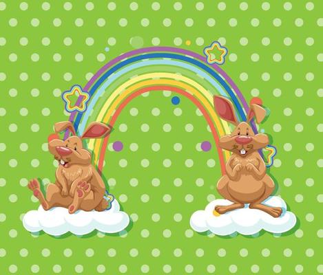 Two rabbits on the cloud with rainbow on green polka dot background