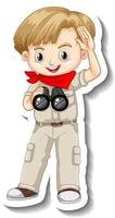 Boy in safari outfit using binoculars cartoon character sticker vector