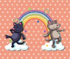 Two dogs on the cloud with rainbow on polka dot background vector