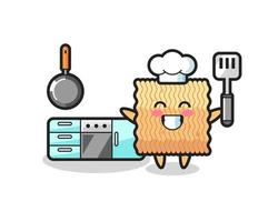 ilustración de personaje de fideos instantáneos crudos mientras un chef está cocinando vector