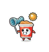 instant noodle mascot illustration is catching butterfly vector